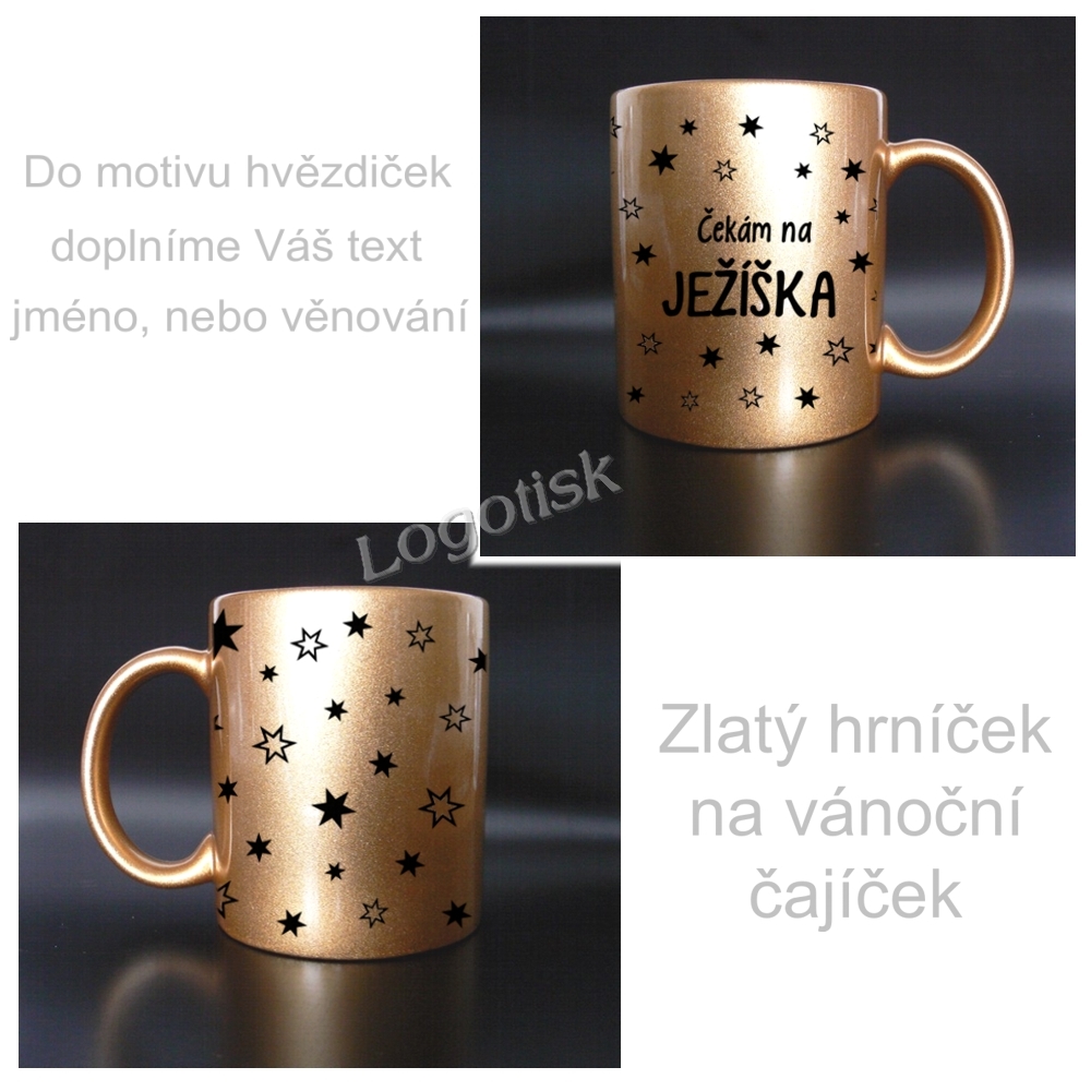 Vánoční zlatý hrnek HVĚZDY s textem