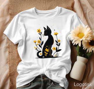 Dámské tričko černá kočka s kvítky